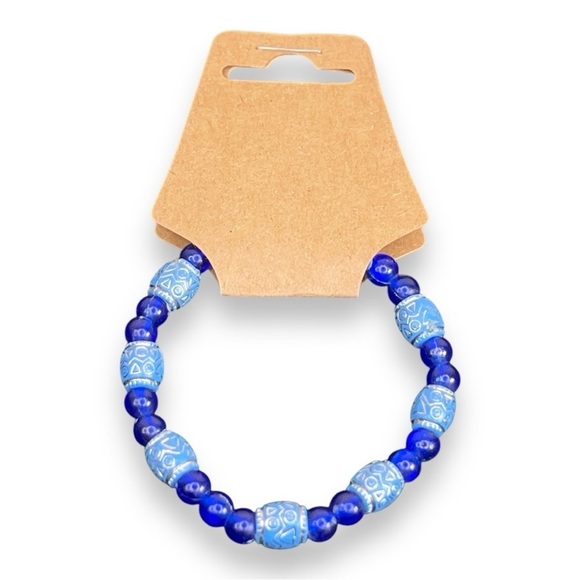 Blue Beaded Bracelet 7” Light Blue Dark Blue Tribal Design Boho - Picture 1 of 6